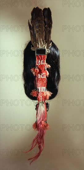 Quillwork and feather hair ornament, inset with a mirror