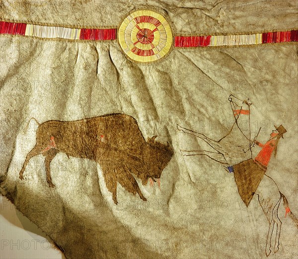 Detail of a hide painting depicting a buffalo hunt