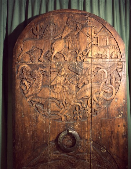 Upper roundel of the carved church door from the Valthyofsstadir