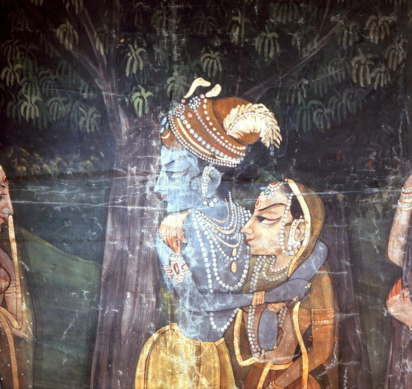 A detail of a wall hanging with scenes from the legend of Krishna