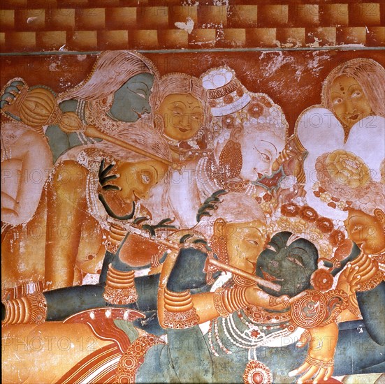 A scene from a wall painting in the Rajahs palace, Cochin, which illustrates scenes from the Ramayana