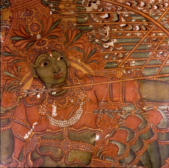 A scene from a wall painting in the Rajahs palace, Cochin, which illustrates scenes from the Ramayana