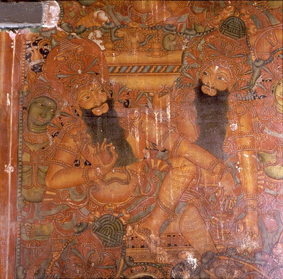 A scene from a wall painting in the Rajahs palace, Cochin, which illustrates scenes from the Ramayana