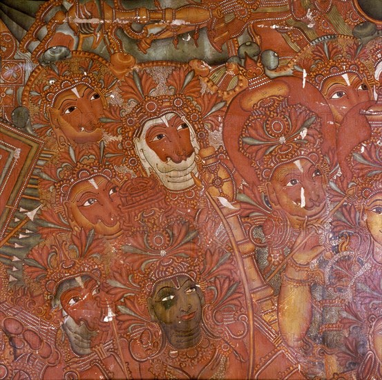 A scene from a wall painting in the Rajahs palace, Cochin, which illustrates scenes from the Ramayana