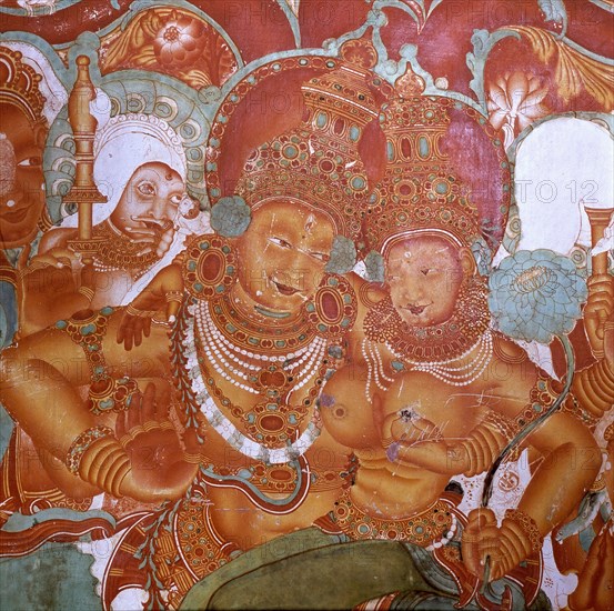 A scene from a wall painting in the Rajahs palace, Cochin, which illustrates scenes from the Ramayana