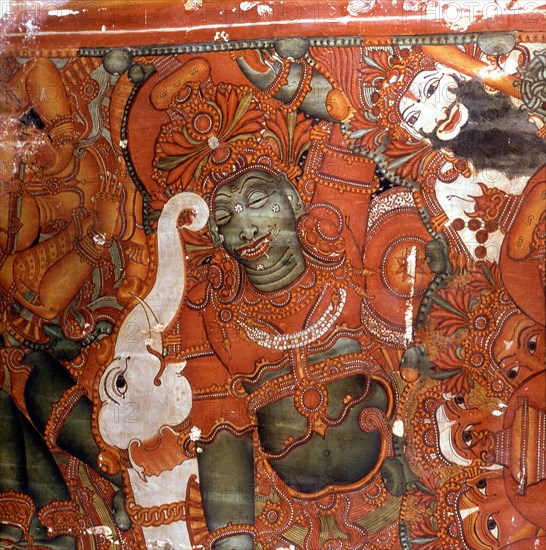 A scene from a wall painting in the Rajahs palace, Cochin, which illustrates scenes from the Ramayana