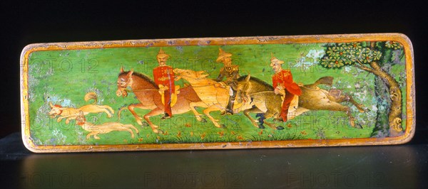 Indian writing set with painted cover depicting Colonel Younghusband on horseback, accompanied by a staff officer and interpreter