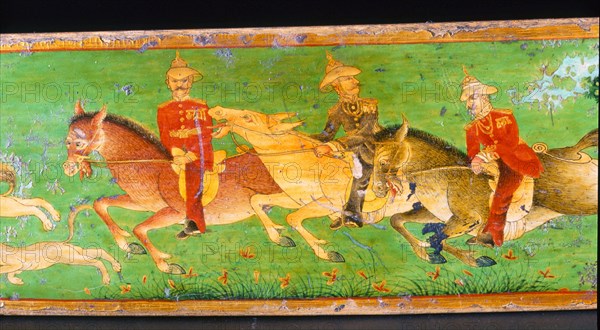 Indian writing set with painted cover depicting Colonel Younghusband on horseback, accompanied by a staff officer and interpreter