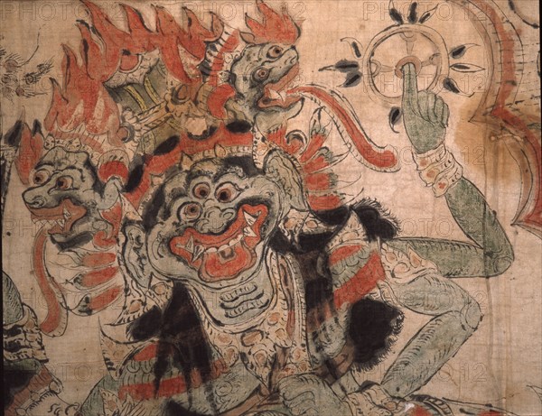 A wayang scroll unwound by the dalang (puppeteer) as he narrates the story, usually a version of Hindu myths or epics