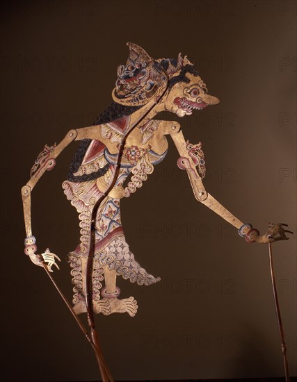 A wayang kulit shadow puppet used in popular all night performances, usually based on ancient Hindu epics such as the Ramayana