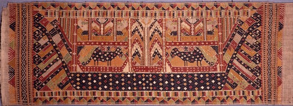 Large boats carrying people, animals, banners, and shrines, were common on a range of complex supplementary weft textiles from Lampong