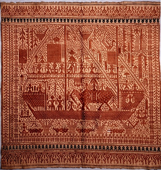 Large boats carrying people, animals, banners, and shrines, were common on a range of complex supplementary weft textiles from Lampong