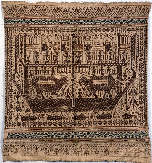 Large boats carrying people, animals, banners, and shrines, were common on a range of complex supplementary weft textiles from Lampong