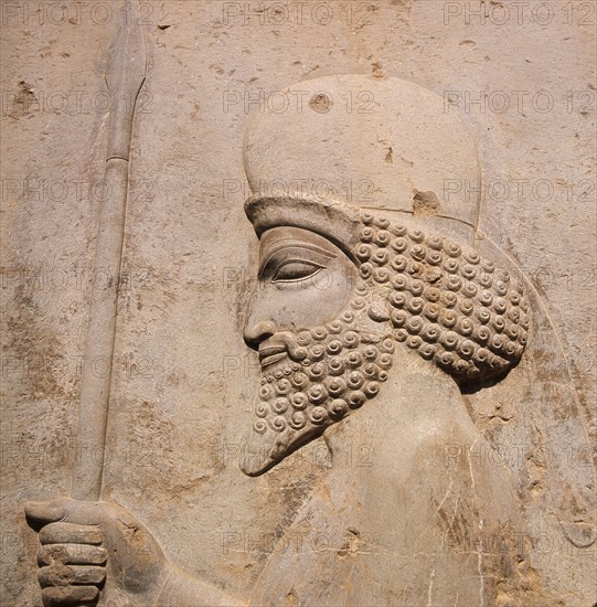 A detail of a relief carving on the staircase leading to the Tripylon at Persepolis, depicting a Mede
