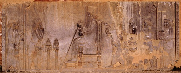 Relief depicting an enthroned Darius I receiving a Median dignitary