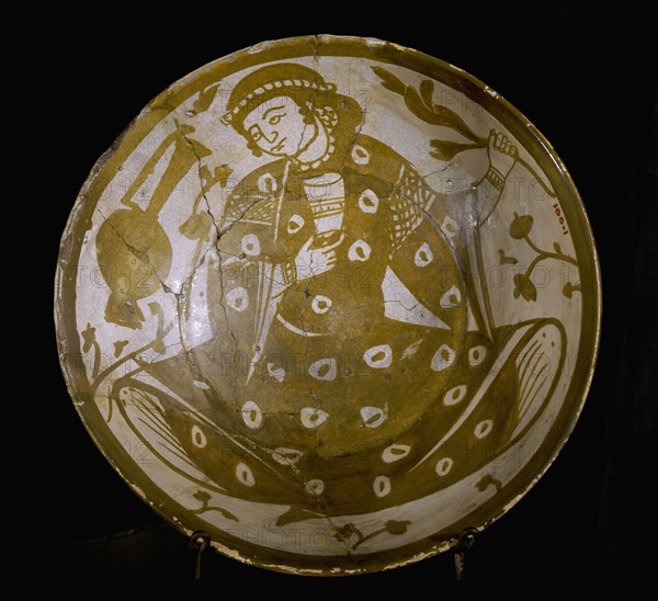 Pottery fragment with depiction of a young courtier holding a glass and a branch, with a ewer at his right