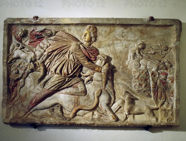 A relief of Mithras slaying the bull, the first of living creatures from whose blood, corn and all other forms of life arose