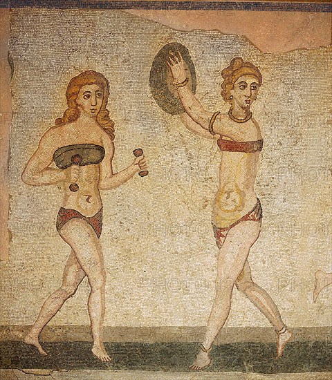 Detail of the Ten Girls Mosaic depicting women athletes