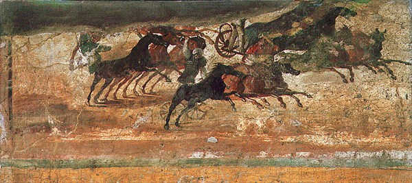 Painting of a chariot race  in  the amphitheatre of Pompeii