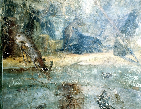 Detail of a fresco showing a deer drinking