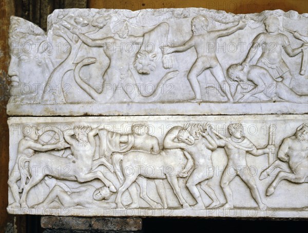 Relief, with the depiction of Jason stealing the Golden Fleece from the Dragon (represented as a man with snakes for legs) on the top panel