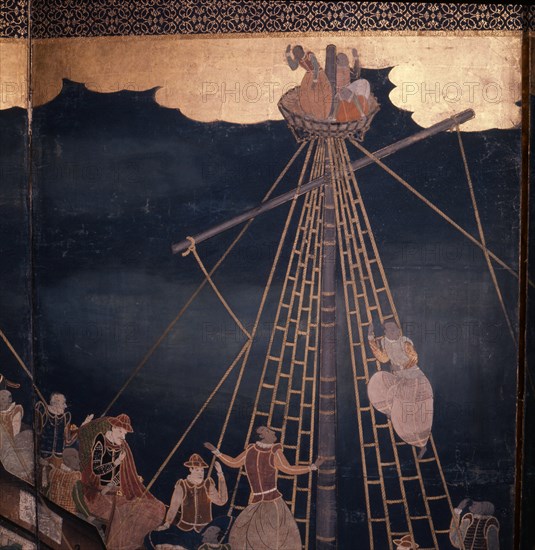 Detail of a screen depicting Portuguese carracks at Nagasaki