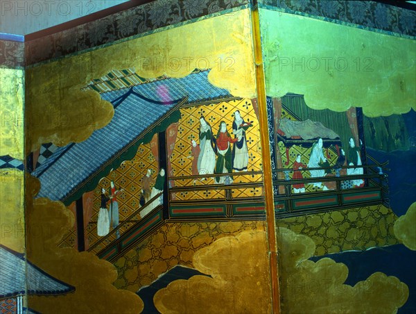 Detail from a folding namban jin or southern barbarian screen depicting a harbour scene recording the arrival of exotic looking Portuguese merchants in Japan