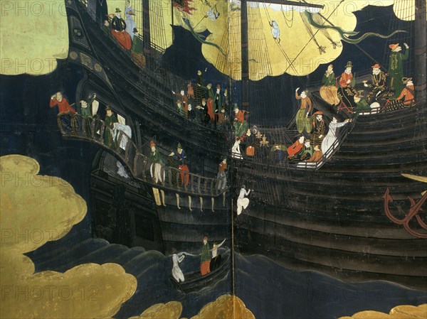 Detail from a folding namban jin or southern barbarian screen depicting a harbour scene recording the arrival of exotic looking Portuguese merchants in Japan