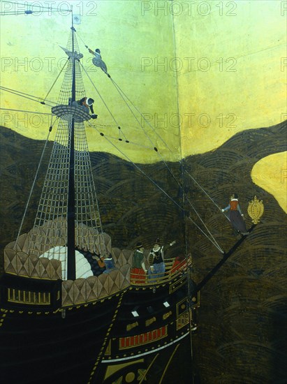 Detail from a folding namban jin or southern barbarian screen depicting a harbour scene recording the arrival of exotic looking Portuguese merchants in Japan