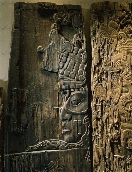 Detail of a carved wood lintel from Temple IV at Tikal, collected in 1877 by the explorer Gustav Bernoulli