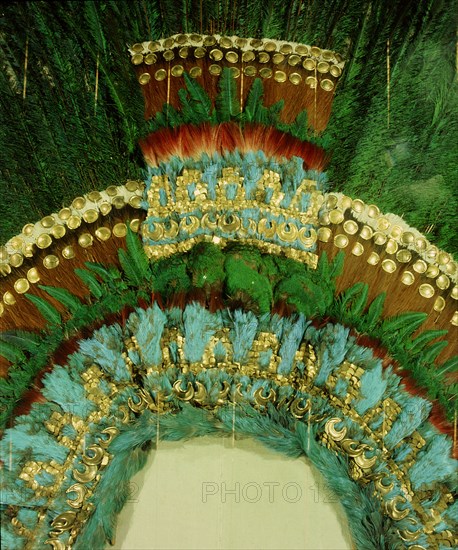 A detail of the gold and featherwork headdress given by Montezuma to Cortes as a gift for his sovereign