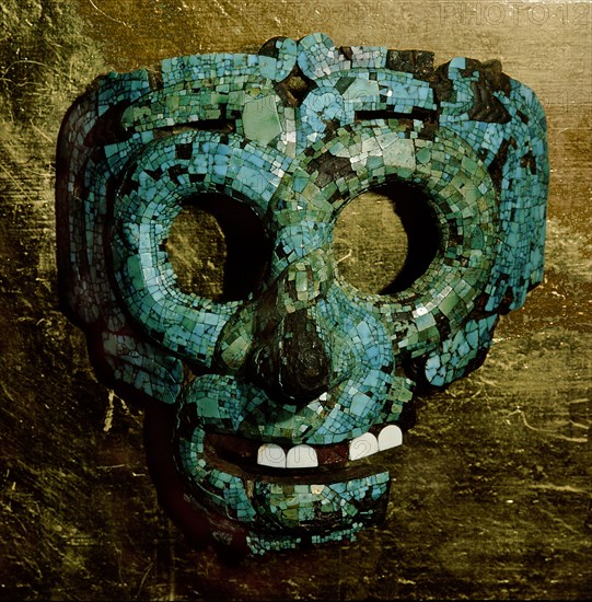 Turquoise and shell encrusted mask of Quetzalcoatl, the Feathered Serpent