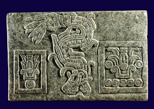 Relief showing the Feathered Serpent, major symbol of Quetzalcoatl, descending between two symbols of years