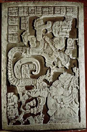 Lintel 25 of Yaxchilan Structure 23, showing accession rituals of the ruler Shield Jaguar ( Itzamnaaj Balam II )