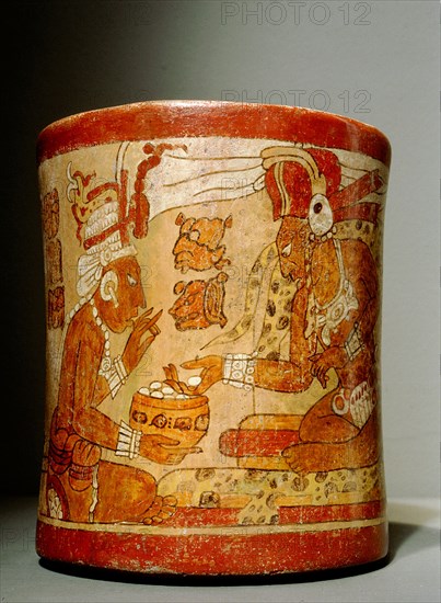 Polychrome waisted cylindrical vase with Palace Scene