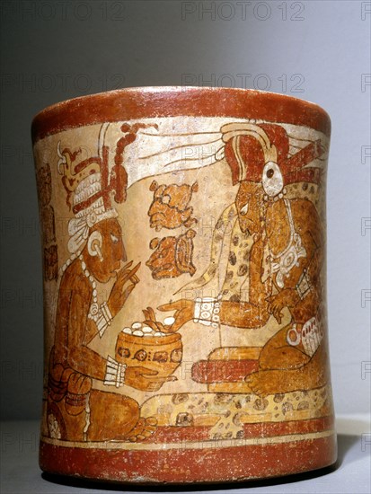 Polychrome waisted cylindrical vase with Palace Scene