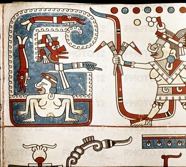 Detail from a panel of the Codex Laud, a divinatory almanac, part of which depicts the four stages of a womans life as shown by the witch goddess