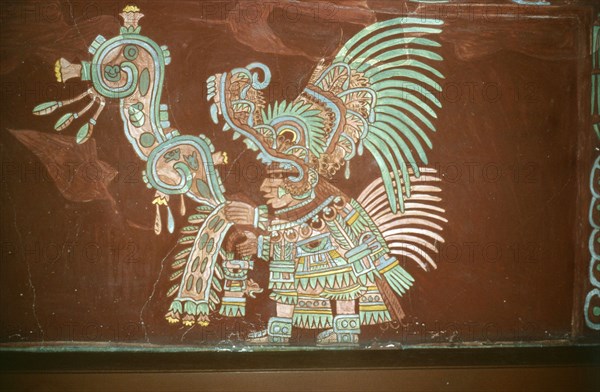 Reconstruction of a polychrome mural (mural 2, in room 2) from Tepantitla depicting an elaborately garbed priest wearing a crocodile headdress