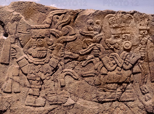 Relief showing Tlaloc, the rain god bringing blessings to the maize goddess