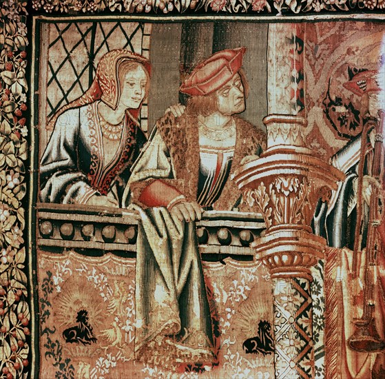 Detail from the tapestry The Wedding of Beatrice from the series The Story of the Swan Knight, the French version of Lohengrin