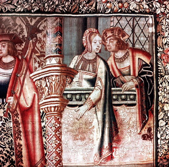 Detail from the tapestry The Wedding of Beatrice from the series The Story of the Swan Knight, the French version of Lohengrin