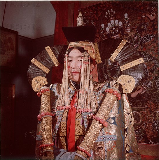 Mongolian woman dressed in the bridal costume of the Great Khans