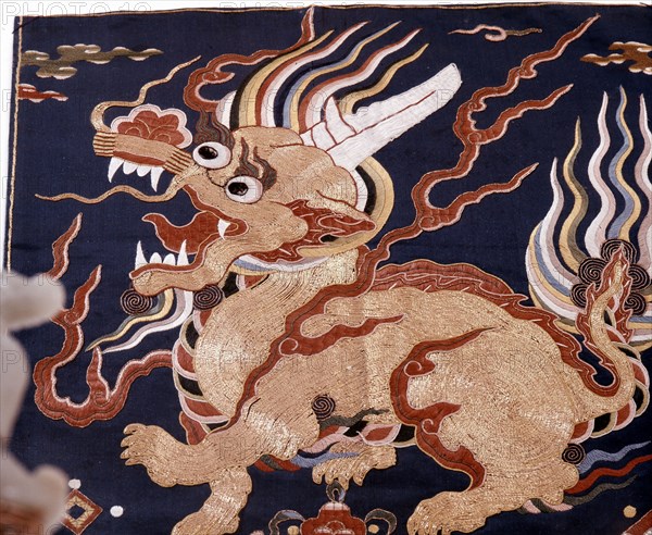 Embroidered silk depicting a Chi lin unicorn