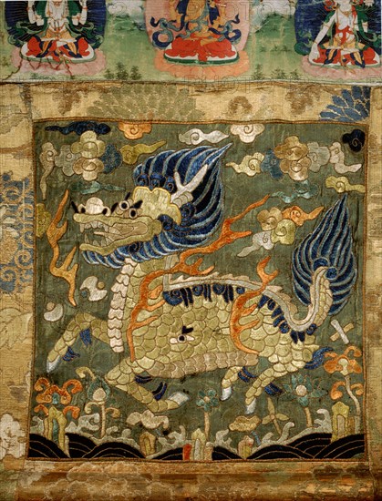 Ming dynasty embroidered silk court officials rank badge depicting a Chi lin unicorn