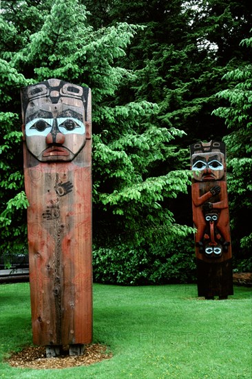 House posts with totems from the village of Kasaan
