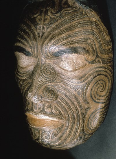 Life mask taken in 1854 for Sir George Grey of Chief Tapua Te Whanoa of the Ngati Whakaue hapu of the Rotorua region, showing the full facial moko design produced with a small bone adze dipped in liquid charcoal