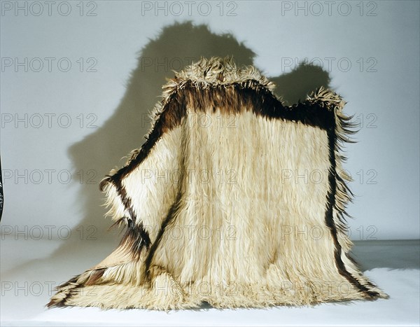 Kahu topuni, a chiefs war cloak, the closely woven flax decorated with thin strips of dog fur