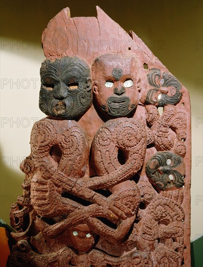 Carving from the front of a storehouse depicting the Maori gods, Rangi the sky father and Papa the earth mother, as a copulating couple