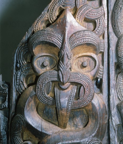 Five carved wooden end panels from a storehouse