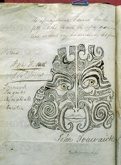 Moko (facial tattoo) pattern of Tuhawaika, a chief of the Kai Tahu, Otago, used as his signature, in lieu of his handwriting, on a deed of sale of land in the Catlins, January 1840